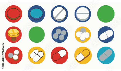 Cartoon flat pill and capsule vector icon set colorful medical drugs