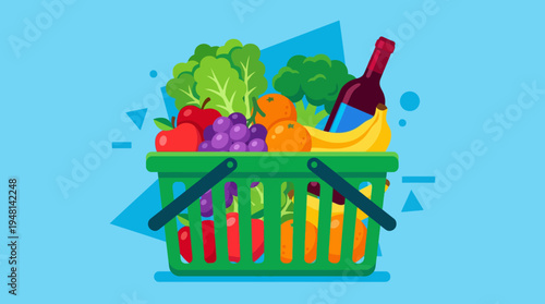 A vibrant green shopping basket overflowing with a colorful assortment of fresh fruits, vegetables, and a bottle of red wine, set against a light blue background.
