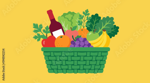 A vibrant green woven basket overflowing with a colorful assortment of fresh fruits, leafy green vegetables, and a bottle of red wine on a yellow background.
