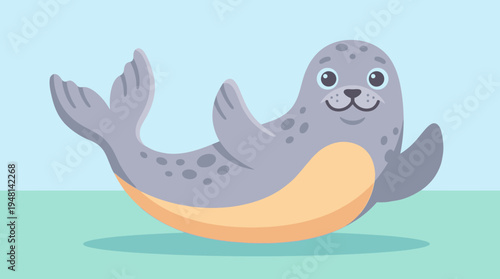 Cute cartoon seal illustration with a playful expression and flippers raised.