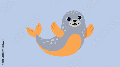 A cute cartoon grey seal with orange flippers and tail, smiling happily on a light blue background, perfect for children's designs.