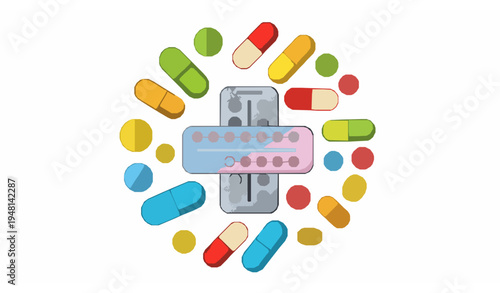 Circular birth control pill icon with other pills vector cartoon illustration