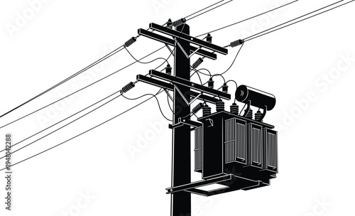 Electrical utility pole illustration with transformer, high voltage power lines, insulators, distribution system infrastructure, black and white technical engineering drawing, energy supply concept