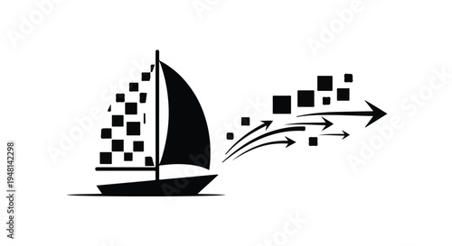 Sailboat speed concept with checkered sail and motion arrows