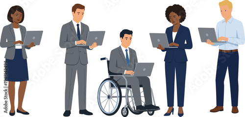 Diverse business team using laptops including professional in wheelchair, inclusive workplace teamwork, corporate diversity and accessibility concept vector illustration