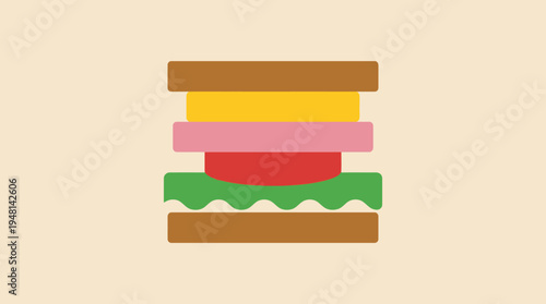 Minimalist illustration of a layered sandwich with bread, cheese, ham, tomato, and lettuce on a light beige background.