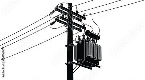 Electrical utility pole silhouette with transformer, power lines, insulators, energy distribution infrastructure illustration, electricity supply system vector, industrial energy equipment design
