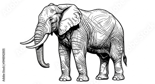 Detailed black and white drawing of a majestic African elephant.