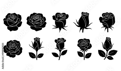 Rose Flower Silhouette Icon Set Minimal Black Floral Vector Collection