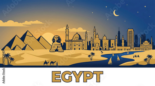 Egyptian cityscape at dusk with pyramids, mosques, and desert landscape