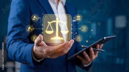 Businessman presenting digital law and justice icons on a tablet in a professional setting