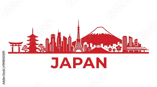 Vibrant red Japan cityscape silhouette with iconic landmarks and Fuji, symbolizing travel and culture