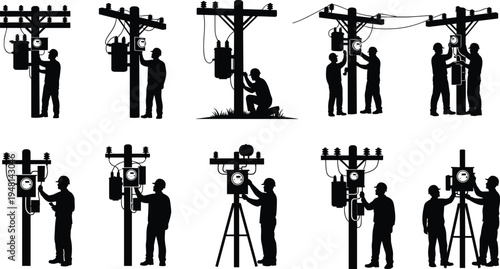 Electrical utility workers silhouettes, power line maintenance, transformer inspection,