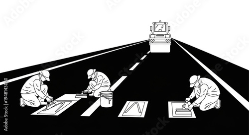 Road Workers Applying Paint to Pavement with Truck in Background.