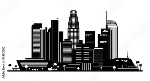 Los Angeles Skyline Silhouette - A Detailed Black and White Illustration.