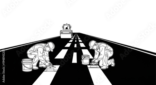 Workers Painting Road Markings on a Highway with Precision.