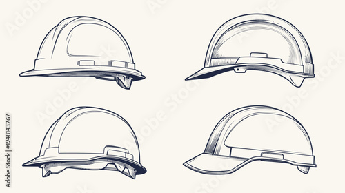 Four stylized renderings of hardhats, each from a different perspective, showing construction safety gear