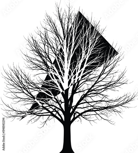 Abstract Black and White Tree Silhouette with Geometric Triangle Element Isolated on White Background for Modern Minimalist Art Poster Design and Creative Editorial Projects