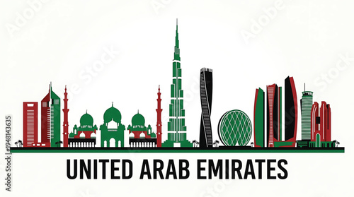 United Arab Emirates city skyline with iconic buildings and mosques in green, red, and black silhouette