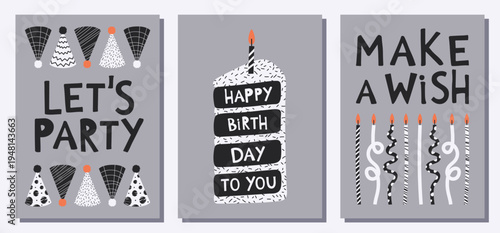Set of Birthday party cards with hats, cake and candles