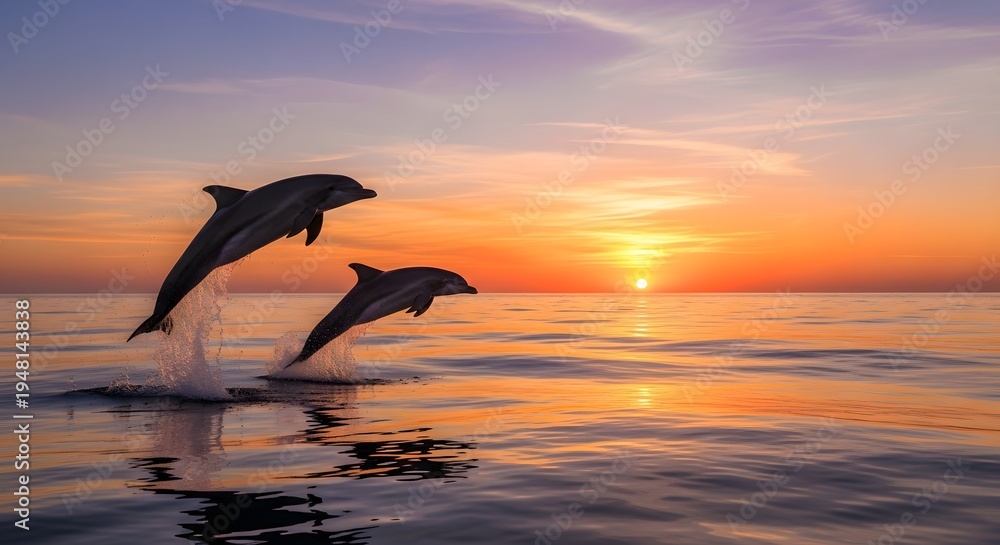 Fototapeta premium Two dolphins jumping out of the ocean at sunset