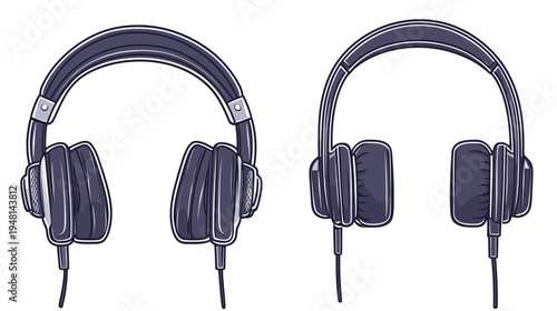 Stylized illustration of two vintage headphones, one with cushions turned out, and their respective cords