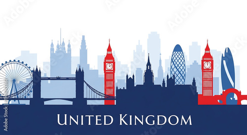 London city skyline with iconic landmarks and United Kingdom text, travel and tourism concept