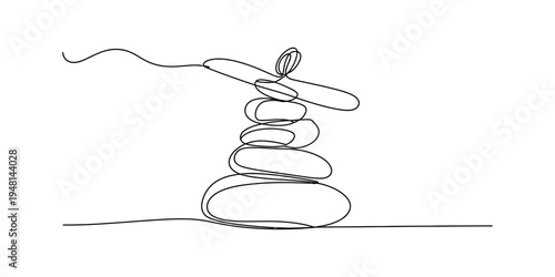 Minimalist one line art illustration of a balanced pebble stack for meditation and spa.