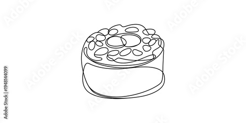 Continuous line drawing of a single sushi roll piece with toppings on a white background.