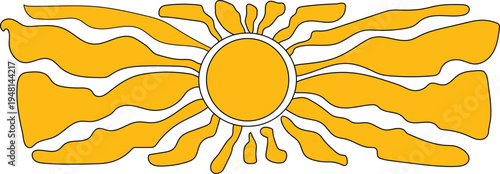 Stylized golden sun banner with wavy rays and central circle element on transparent background for decorative border design