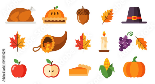 Thanksgiving icons autumn feast illustrations