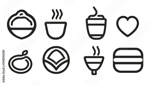 Eight simple outline icons of various food and drink items, including a heart symbol