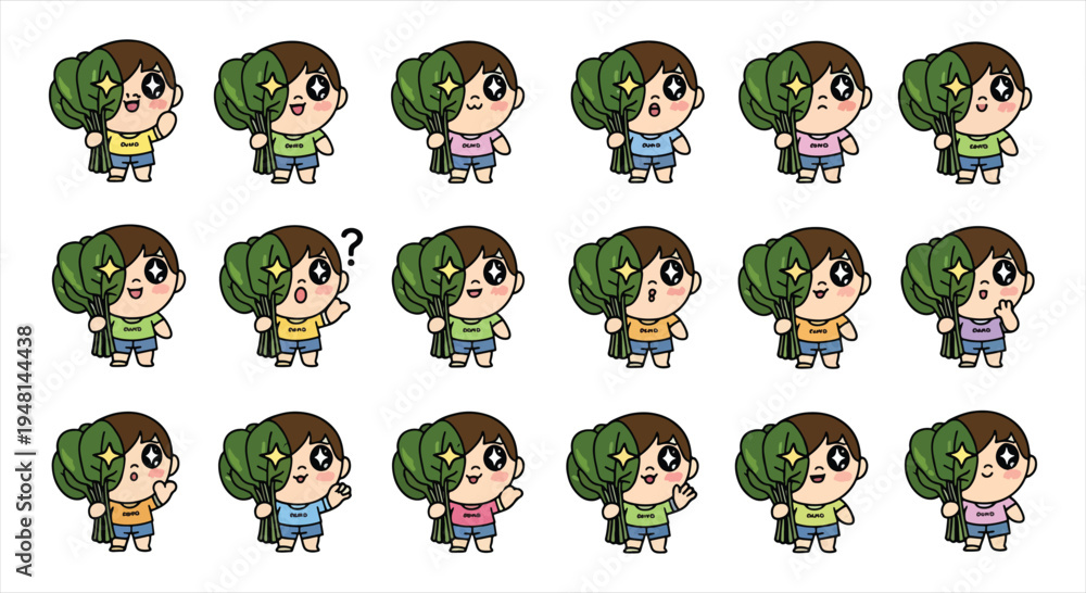 Obraz premium Cute Boy Character Emote Sticker Set, Cartoon Chibi Boy Emoji Pack, Funny Reaction Face Icons Vector