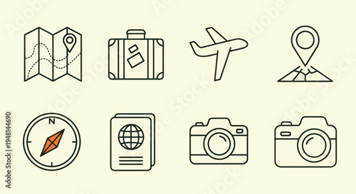 Travel icons map suitcase airplane camera