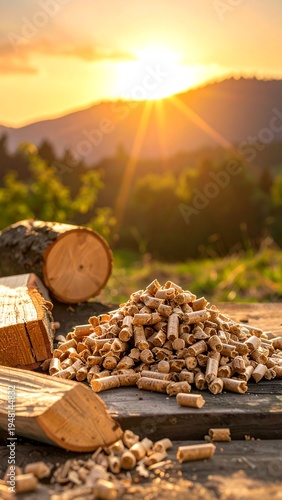 Wood pellets pile on a board with logs, sunbursting hills in background