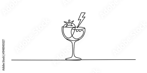 Single line drawing of a wine glass containing a fresh tomato and a lightning bolt symbol