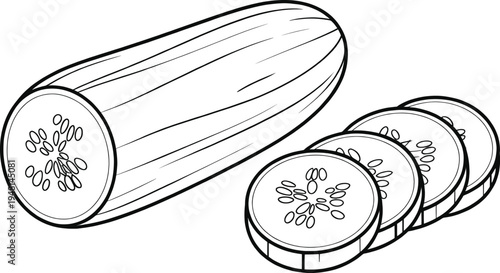 One whole striped cucumber positioned alongside four distinct cross-section slices clearly displaying the internal seed pattern for a food illustration.
