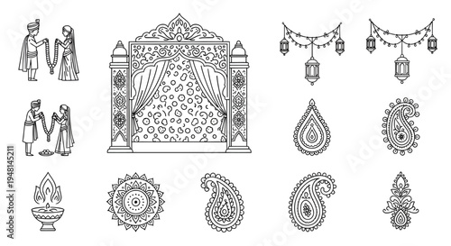 Indian wedding decorative symbols and ceremony elements illustration