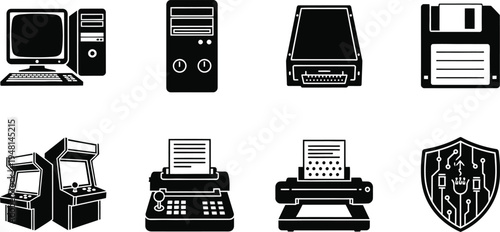 Retro Computer and Vintage Technology Icon Set Featuring 80s Desktop PC, Arcade Machine, Floppy Disk, Matrix Printer, and Legacy Hardware Symbols for Tech History Vector Illustration