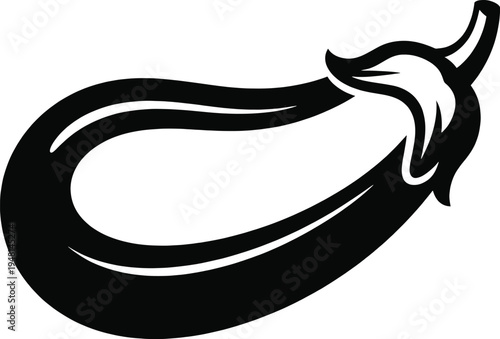 Smooth, dark silhouette of a whole eggplant vegetable rendered in a solid black shape against a pure white background for minimal design use.
