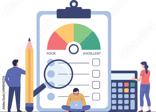 Credit, score, analysis, with, team, checking, financial, report, on, giant, clipboard, with, calculator, and, magnifying, glass, for, banking, and, loan.