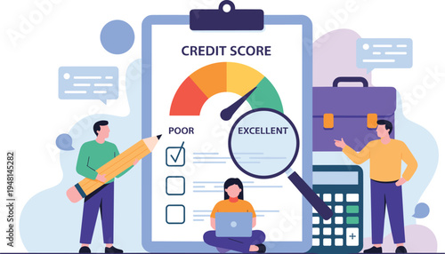 Credit, score, concept, with, people, analyzing, financial, rating, on, clipboard, showing, excellent, and, poor, levels, for, loan, banking, and, investment.