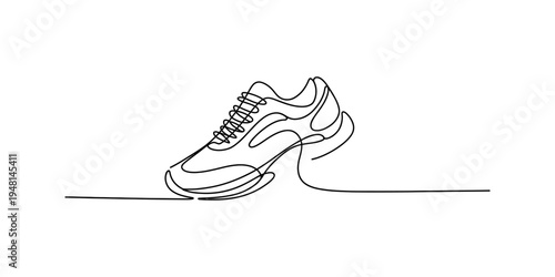Continuous line drawing of a modern running sneaker or athletic sports shoe on a white background