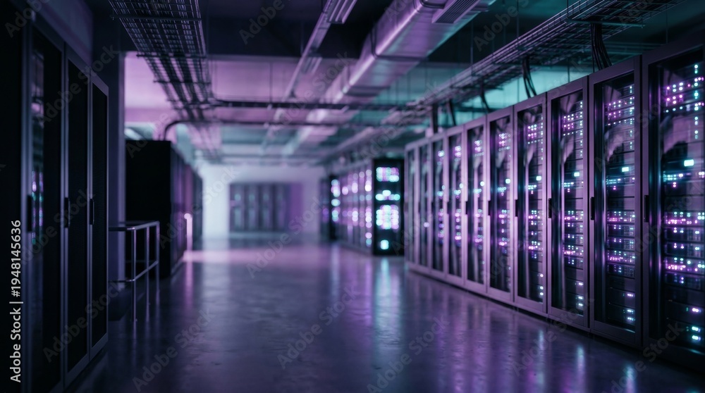 Fototapeta premium Exploring futuristic server rows under purple lighting in a dim data center corridor – a photo of advanced technology infrastructure