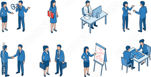 Isometric vector set of professional business people in blue suits performing office tasks like presenting, handshaking, and sitting.