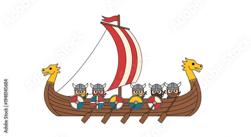 Viking Longboat Vector Illustration, Cartoon Style Graphic for Travel, History, and Design