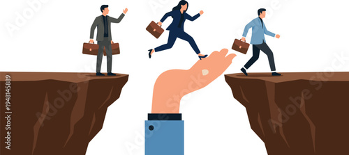 Large helping hand acting as a bridge for business people to cross a cliff gap representing career support and mentorship.