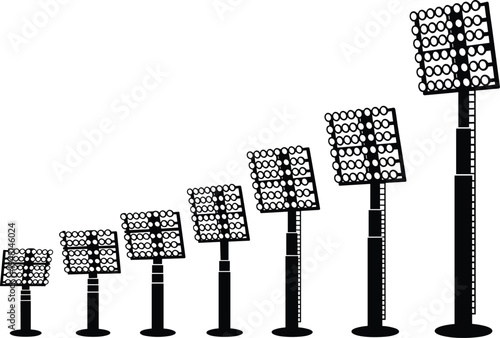 Stadium floodlights illustration, vector sports lighting design, tall poles with circular lamps, progression of height, engineering architecture concept, modern arena illumination artwork