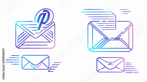 Colorful vector illustration featuring stylized envelopes in various arrangements with linear elements