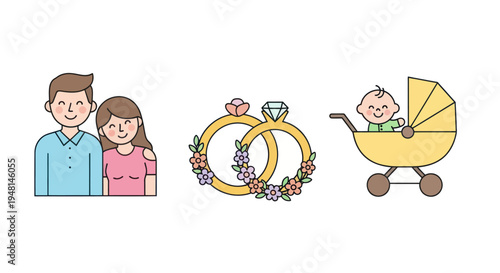 Newlywed couple with baby stroller.